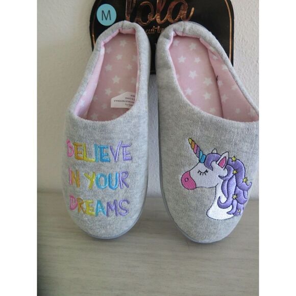 Lola Women's Size Medium (6.5-7.5) Believe In Your Dreams Unicorn Slippers - Picture 1 of 7
